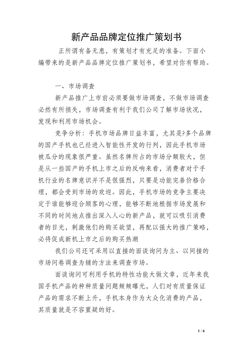 新产品品牌定位与整合推广策划书